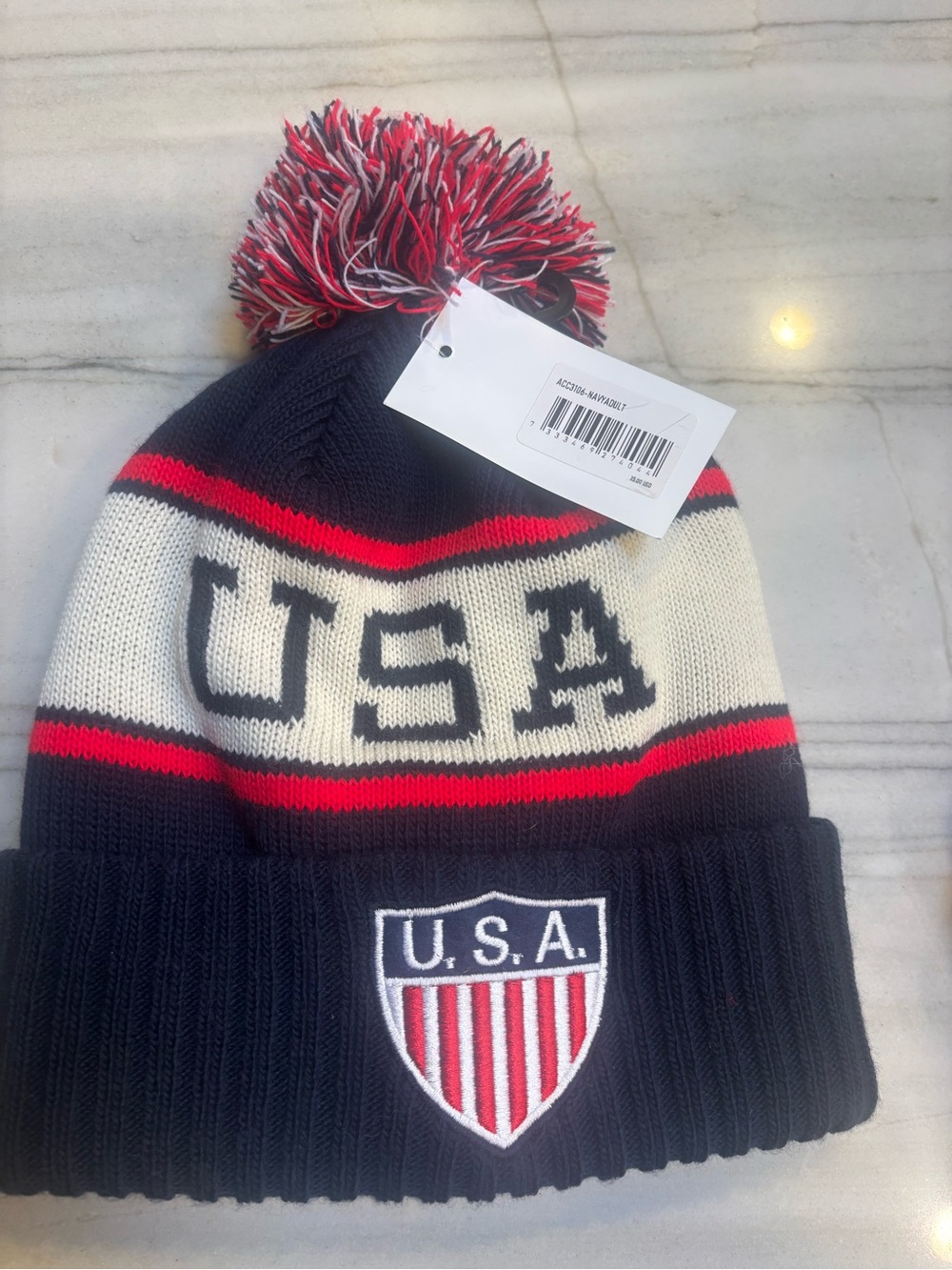 USA Knit Pom Beanie - Navy, Red & White
